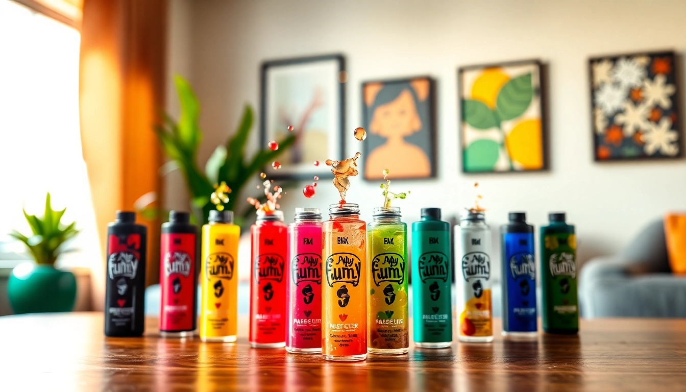 Enjoy a collection of Funky Republic vape flavors featured in an energetic and colorful setting.