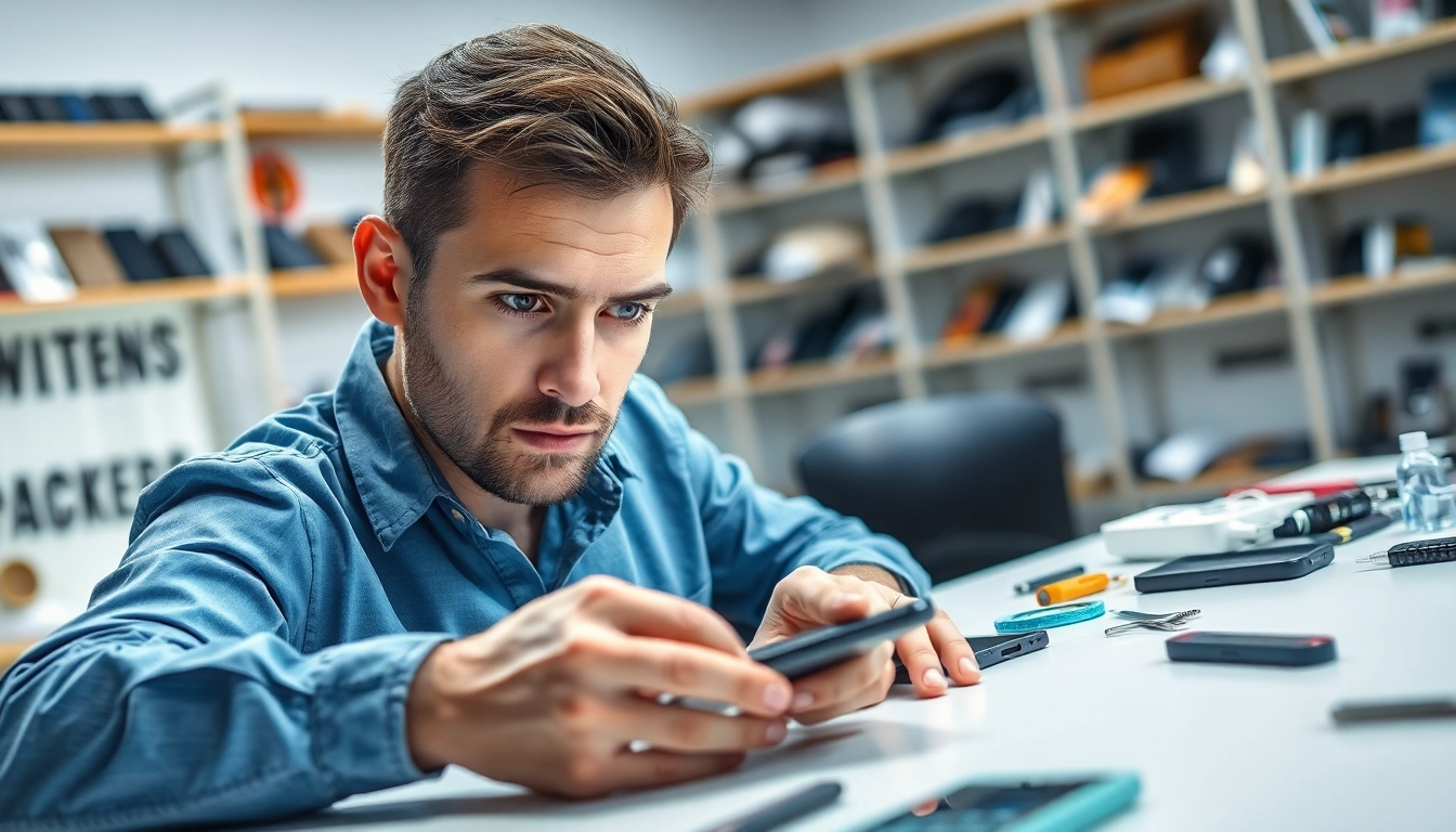 Repair technician ready to sell cracked phone at a well-lit workstation with tools.