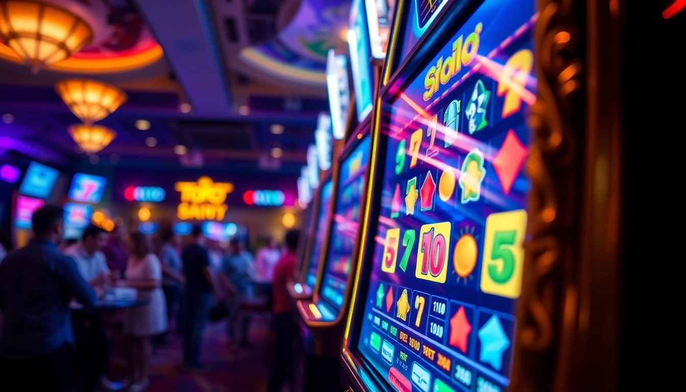 Menggandeng toto slot yang berkilauan di kasino, menarik perhatian pemain dengan warna cerah.