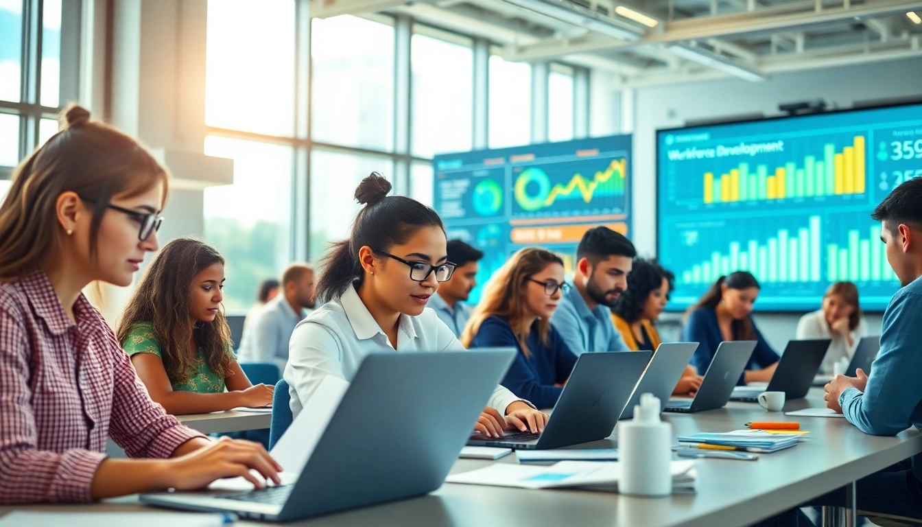 Engaging workforce development program in a modern training center with diverse participants.
