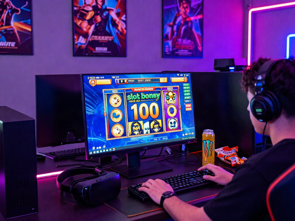 Exciting gaming setup featuring slot bonus new member 100 displayed on a monitor.