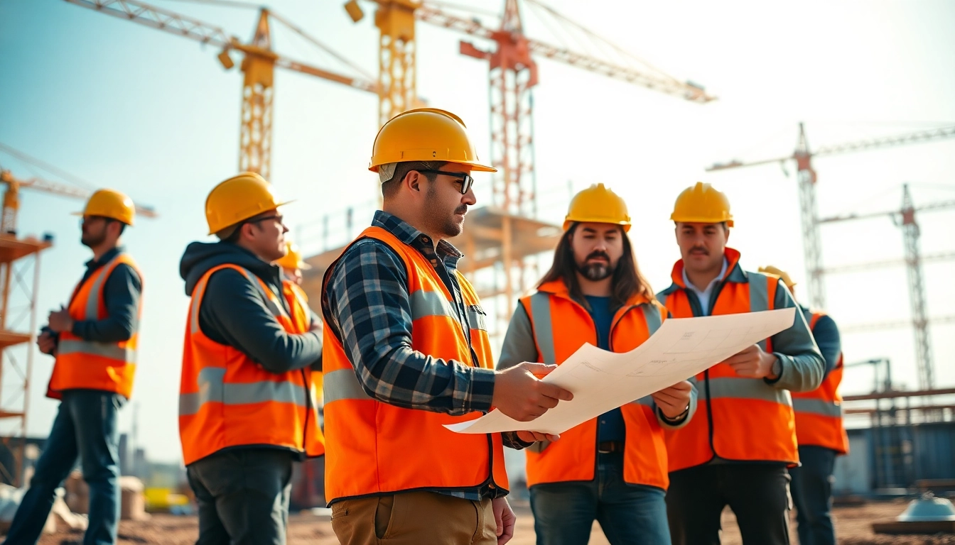 Construction training programs featuring workers gaining hands-on skills at a busy site.