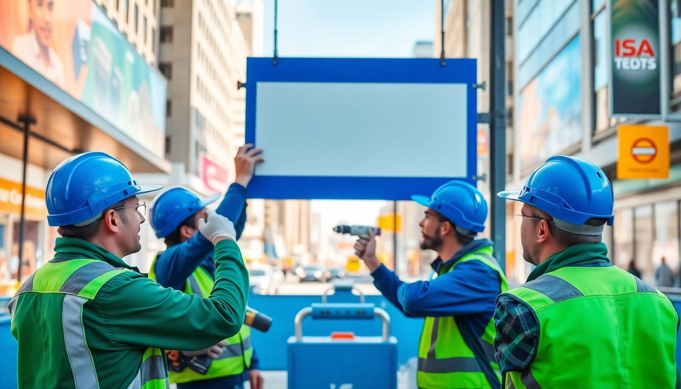 Expert sign installation team positioning a new sign in a busy urban environment.
