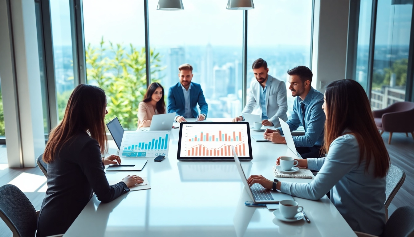 SEO company professionals strategizing in a bright office setting with modern technology.