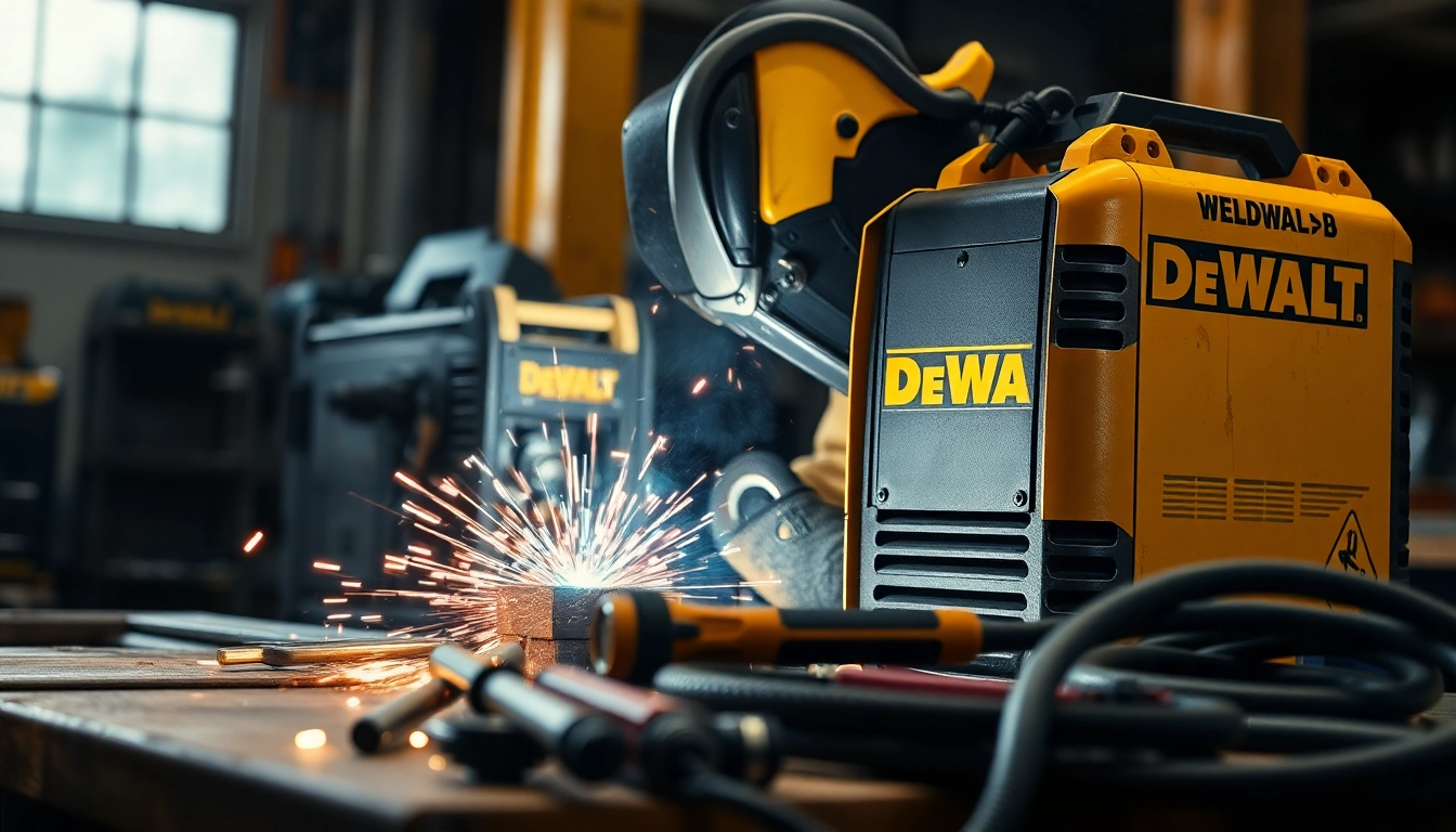 A DeWalt welding machine expertly welding metal pieces in a professional workshop setting.