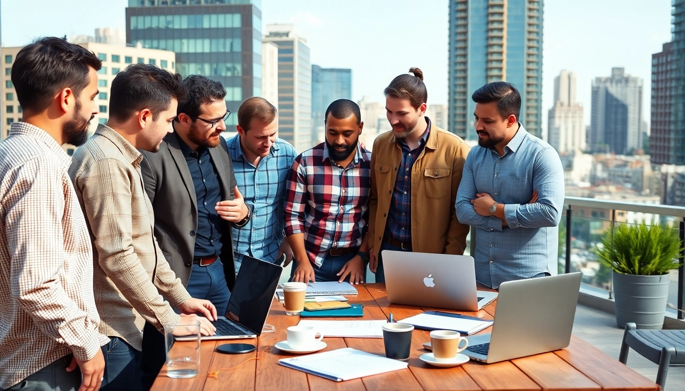 Men on mission collaborating in an outdoor workspace, promoting teamwork.