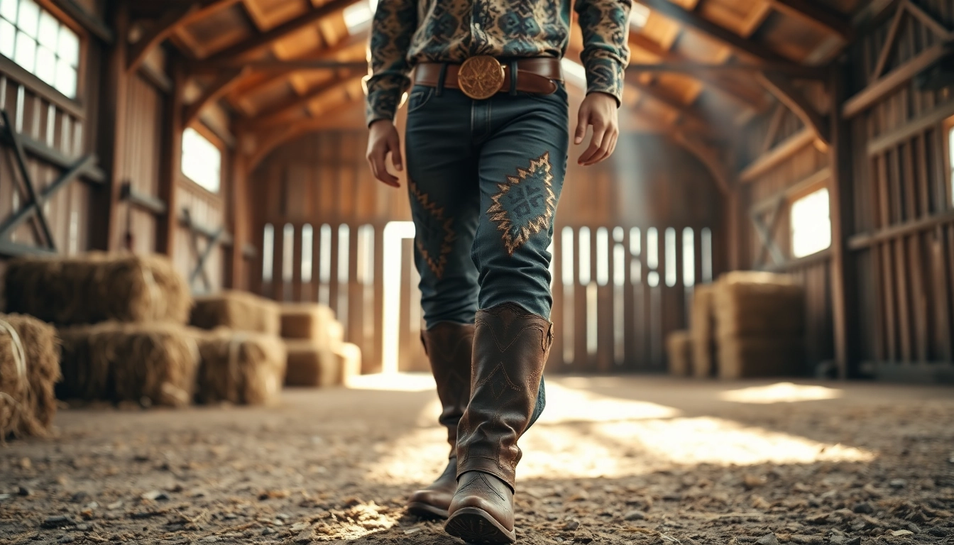 Model showcasing Aztec Print Western Wear in a rustic barn, emphasizing rich patterns and cowboy style.