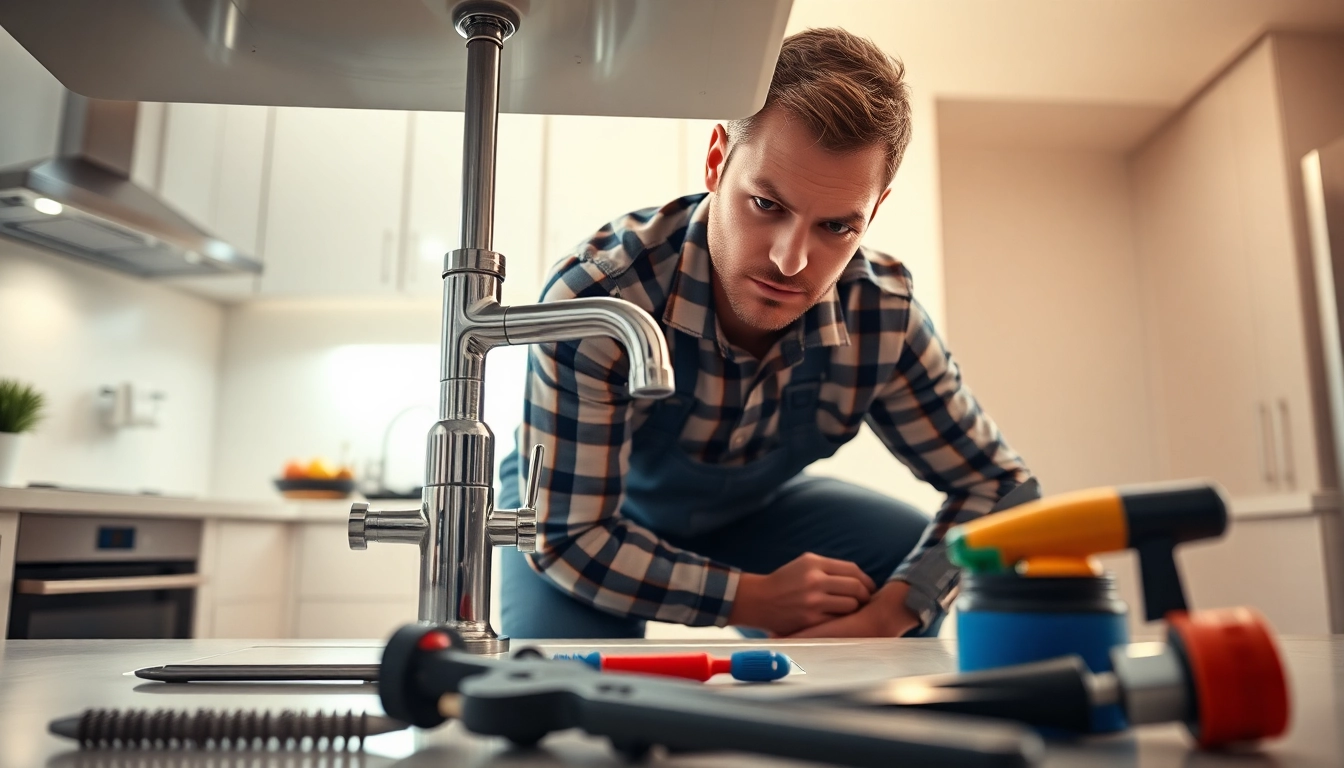 Find a reliable plumber near me fixing a faucet with expertise in a modern kitchen setting.