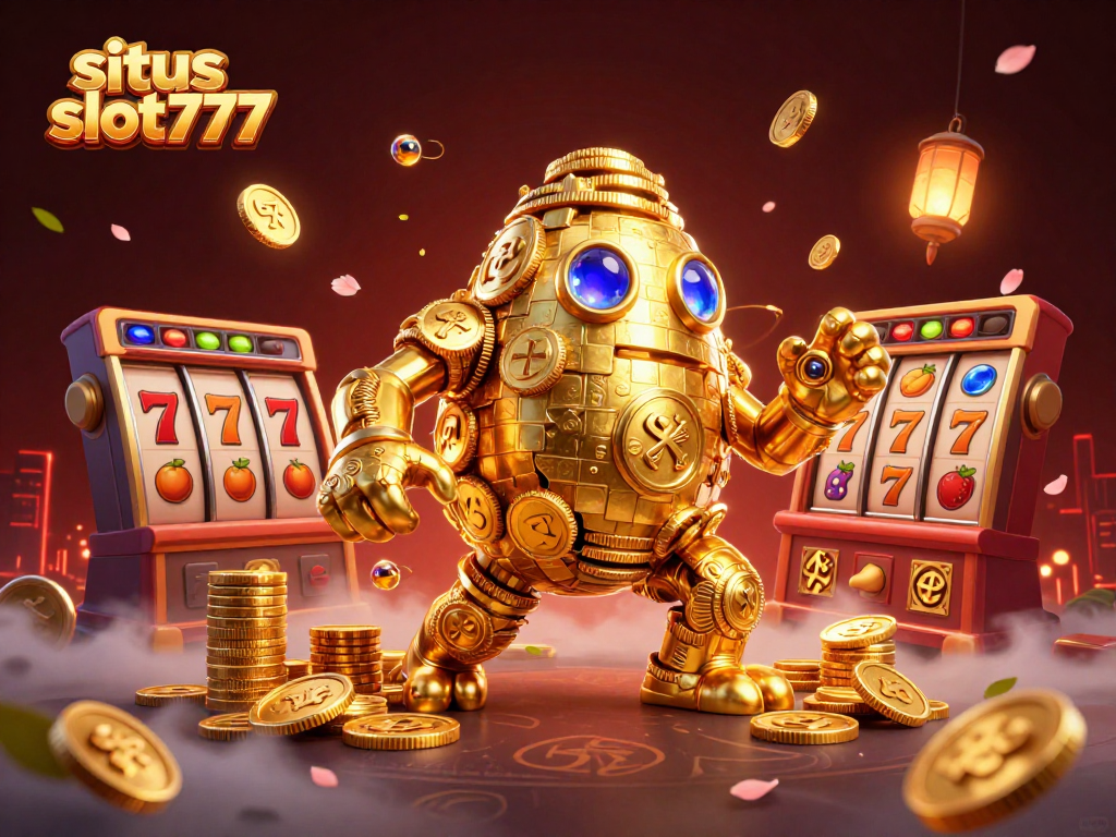 SLOT777 online game's vivid scene features the golem and vibrant slot elements symbolizing winning chances.