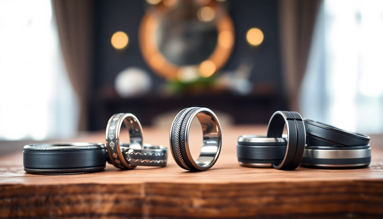 Showcasing stunning gunmetal wedding bands for men with unique designs and textures.