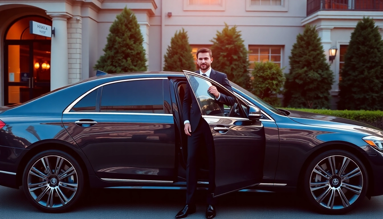 Experience luxurious Chauffeur Services Nottingham with a professional chauffeur beside a sleek car.