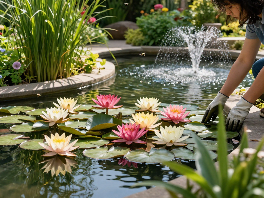 Vibrant water lilies blooming in a tranquil garden pond with a caretaker tending to edges.