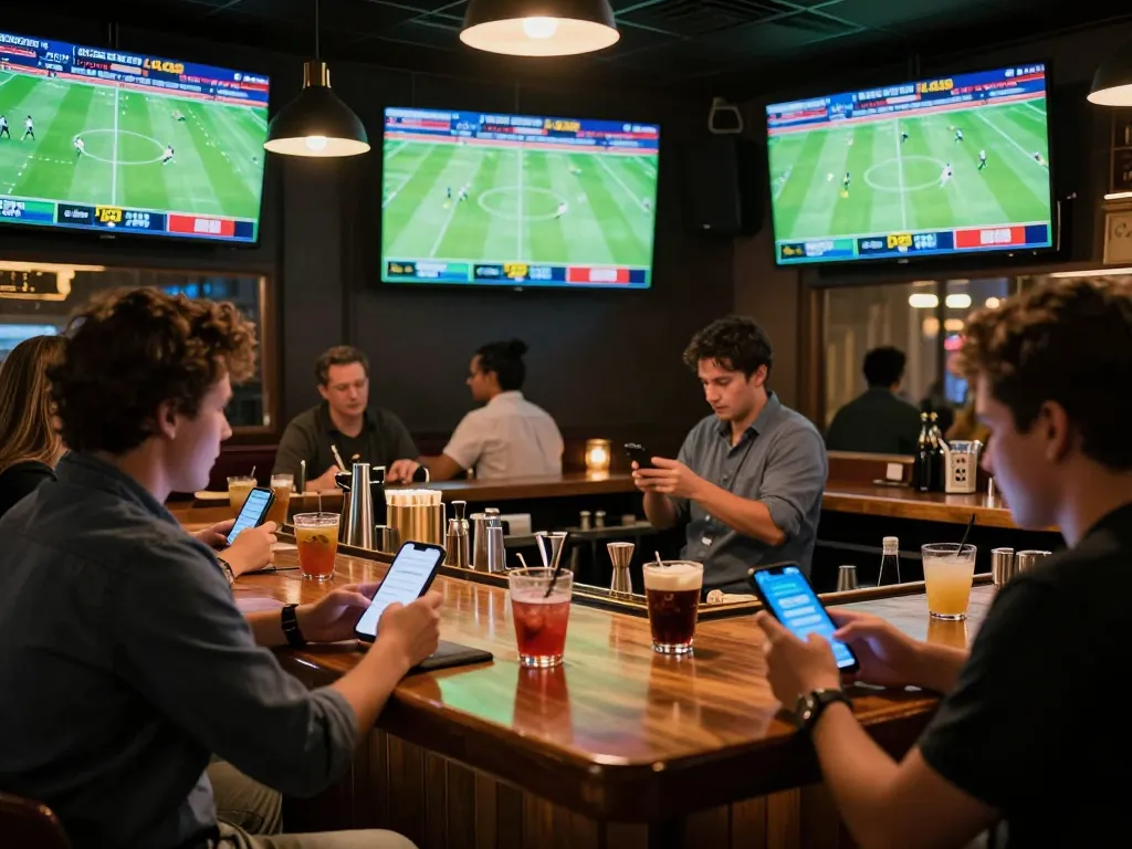 KQBD live sports betting atmosphere with patrons analyzing odds and cheering for their teams