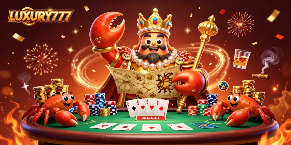 LUXURY777 menghadirkan papan poker dengan karakter kepiting emas raksasa bermahkotakan permata dan penjaga kepiting hermit, dikelilingi oleh tumpukan chip emas.