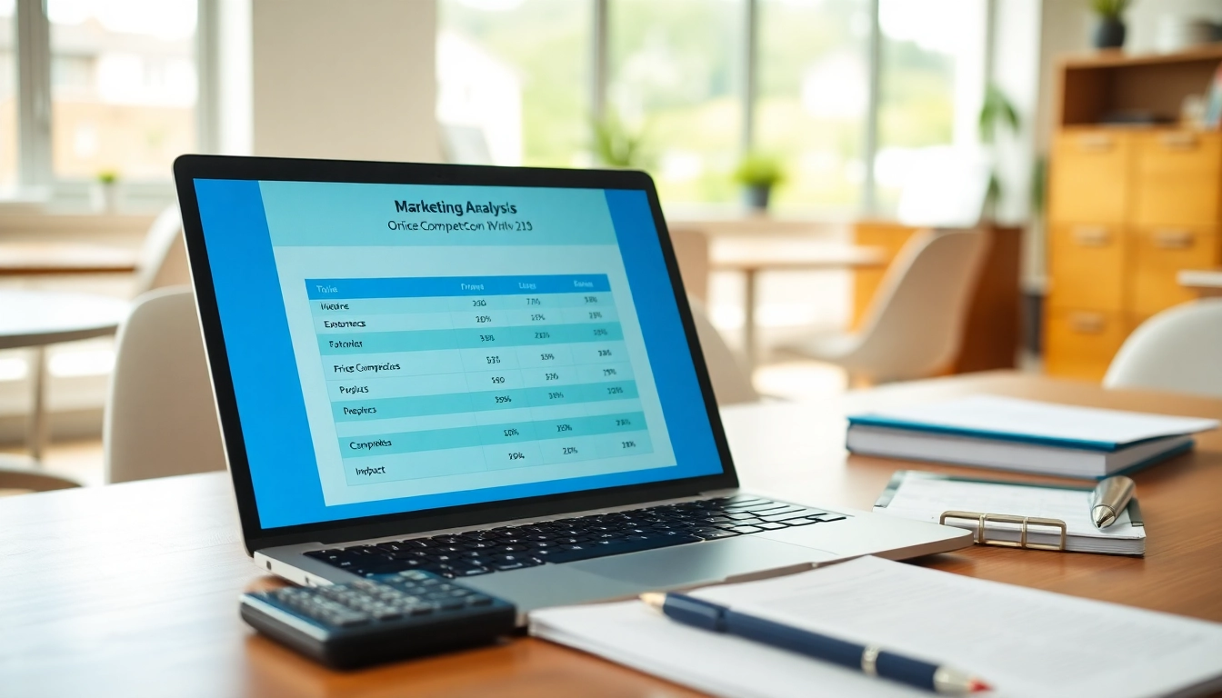 Analyze competitor pricing strategies shown on a laptop in a bright office environment.