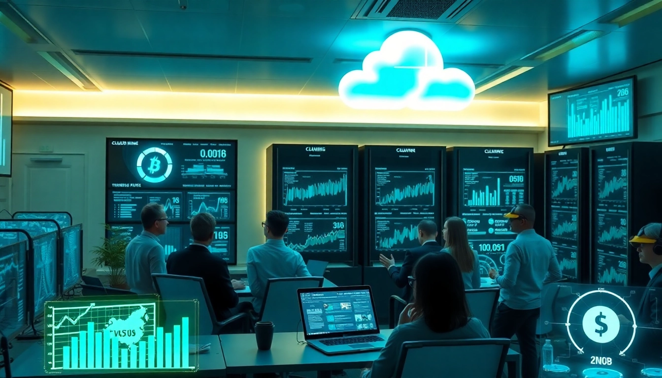Visual representation of cloud mining operations with digital interfaces and professionals discussing strategies.