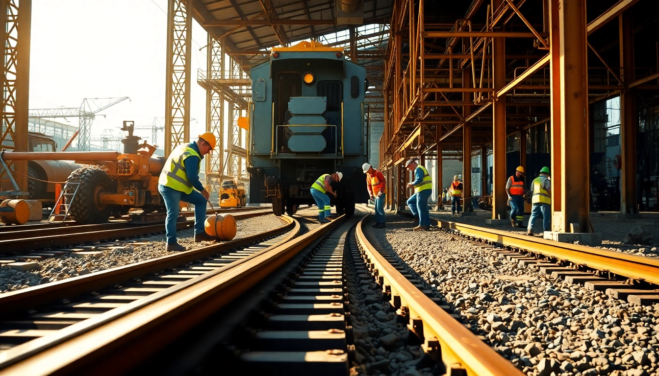 Workers engaging in railroad construction, laying tracks under bright sunlight, showcasing teamwork and precision.