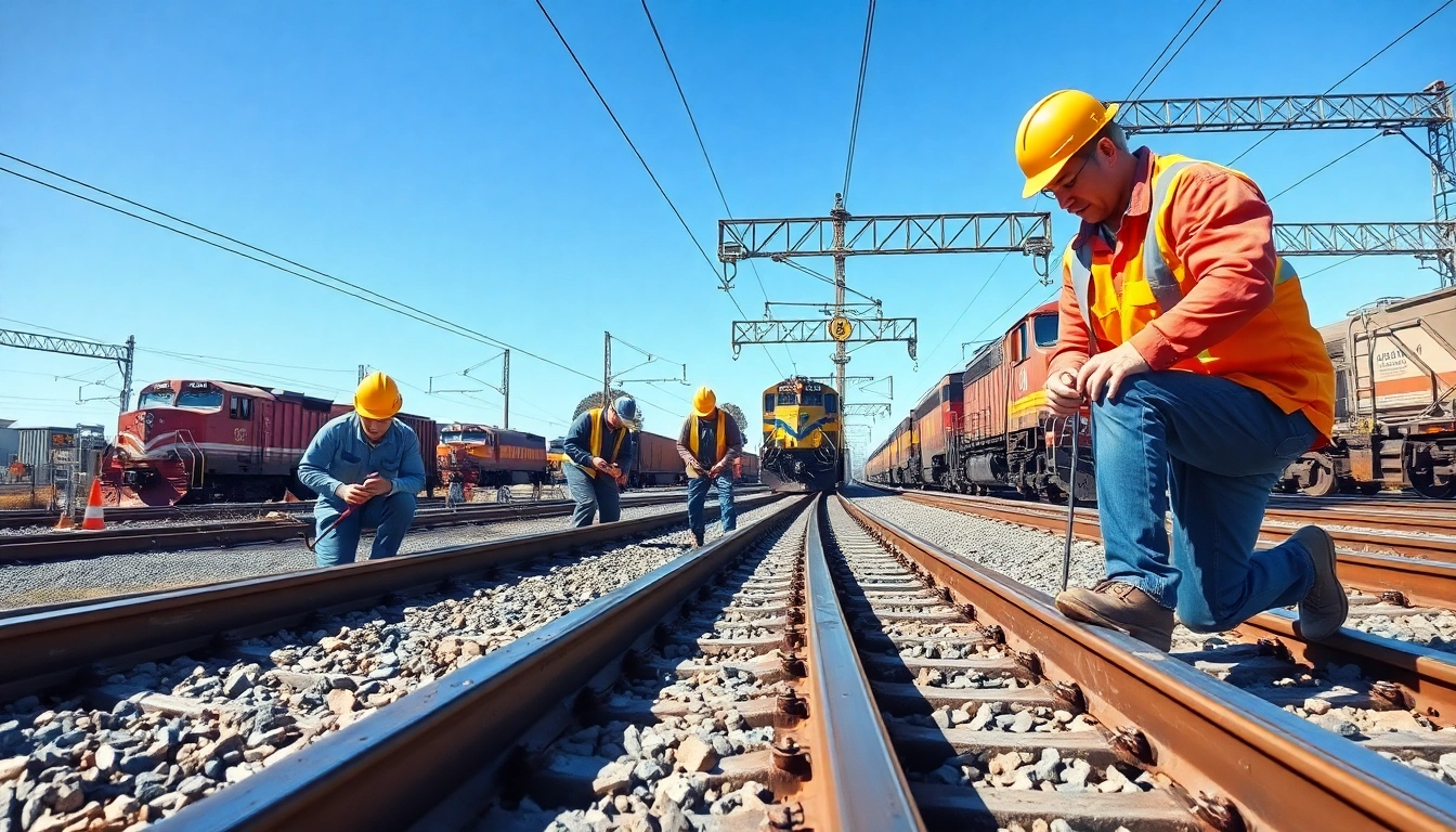 Railroad Maintenance Services team inspecting tracks with specialized tools in a busy rail yard.