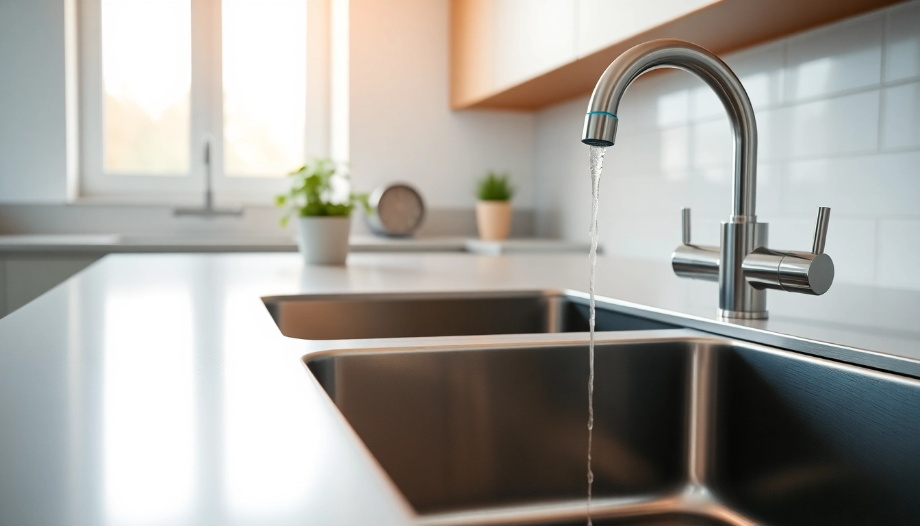 High-quality steel sink with flowing water featured prominently in a modern kitchen.