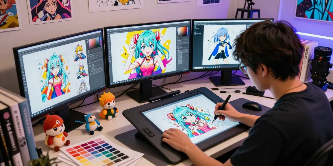 Creative workspace featuring an artist designing an ecchi bot character with vibrant colors and anime figures.