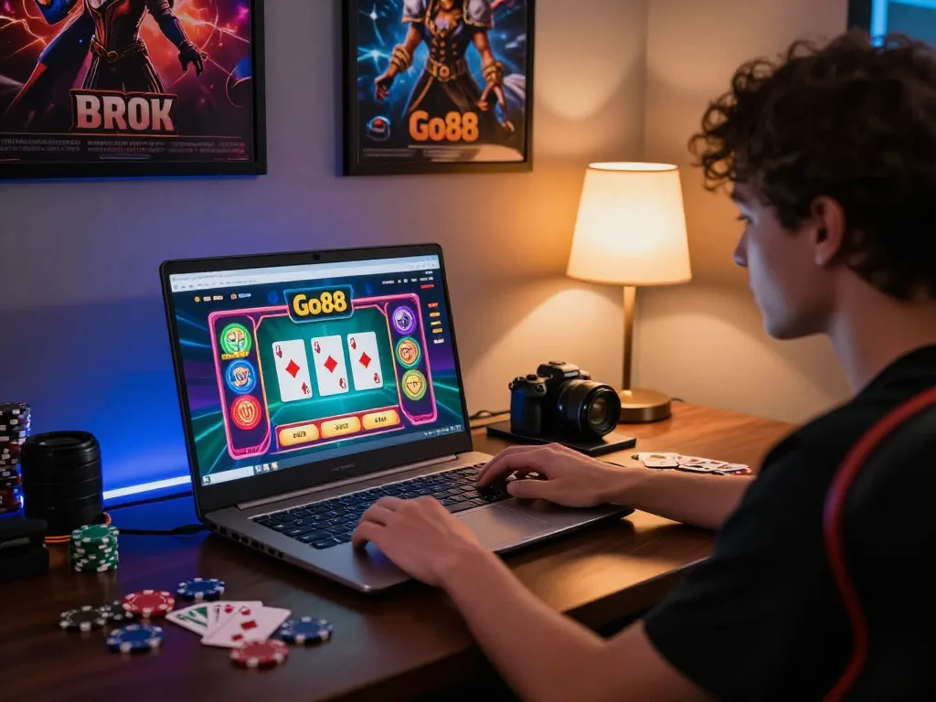 Engaging gaming scene featuring Go88 platform with colorful graphics, cards, and chips.