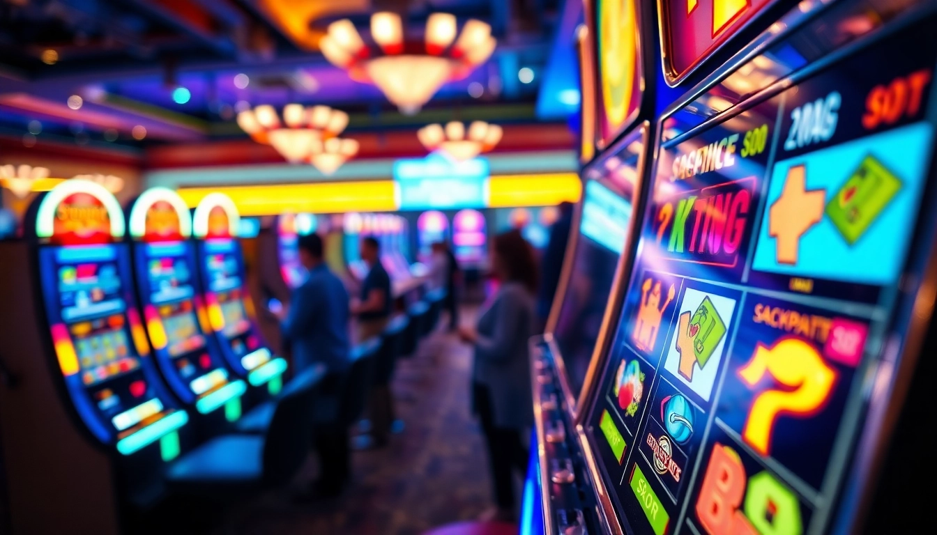 Mendorong slot jackpot dengan mesin slot yang berkilauan dan pencahayaan yang cerah