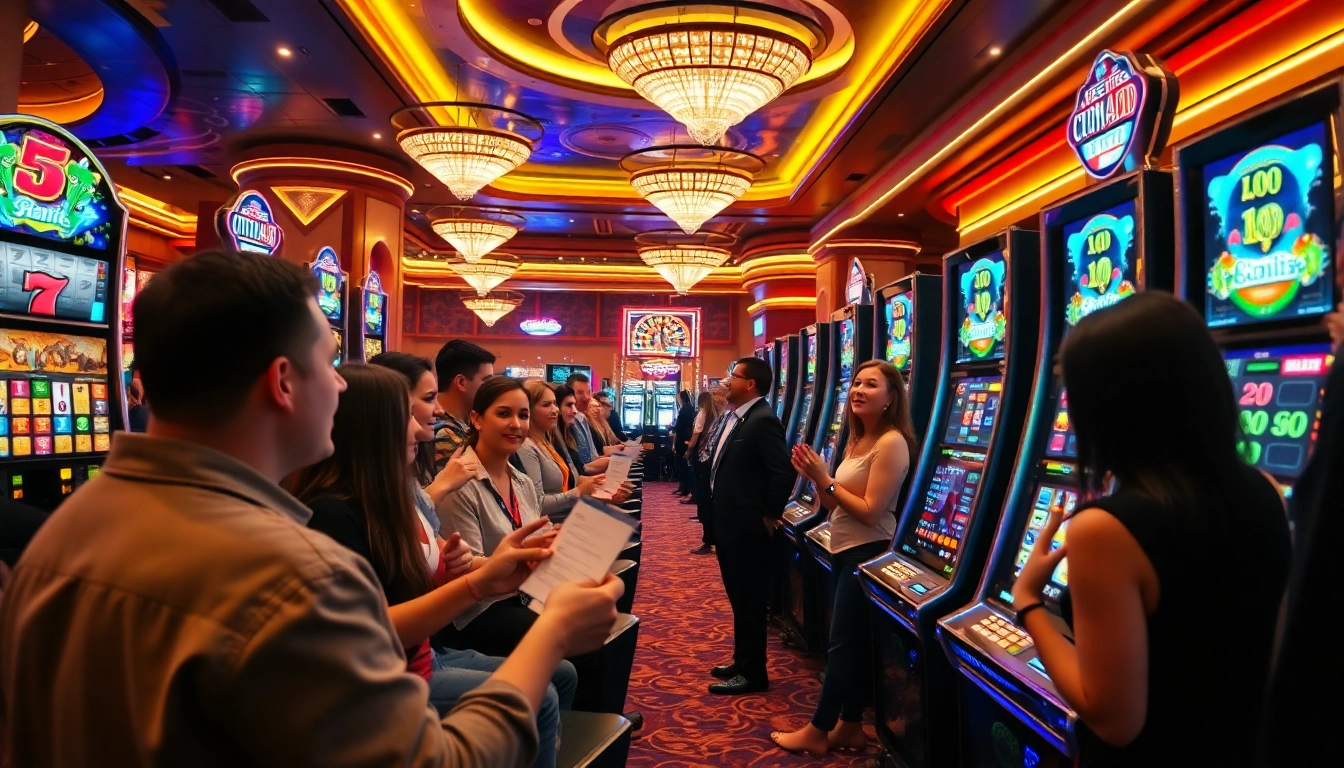 Para pemain menikmati sensasi mesin slot UTAMA4D dengan visual kasino yang berwarna-warni dan tiket taruhan.