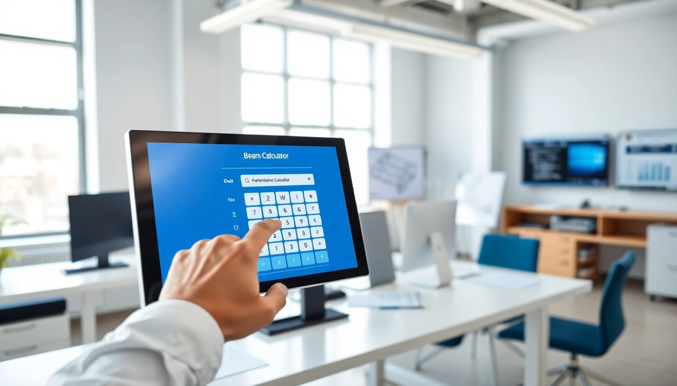Utilizing a beam calculator tool on a touchscreen in a high-tech office workspace.