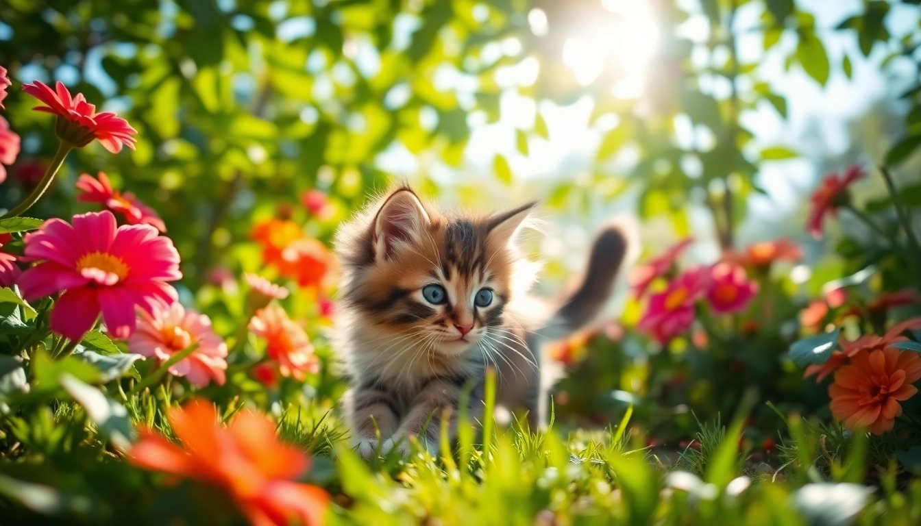 Maine Coon kittens for sale Northern California playing in a beautiful garden filled with colorful flowers.