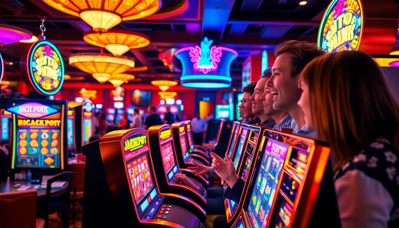 Mencoba meraih slot jackpot di berbagai mesin slot berwarna-warni di kasino yang ramai.
