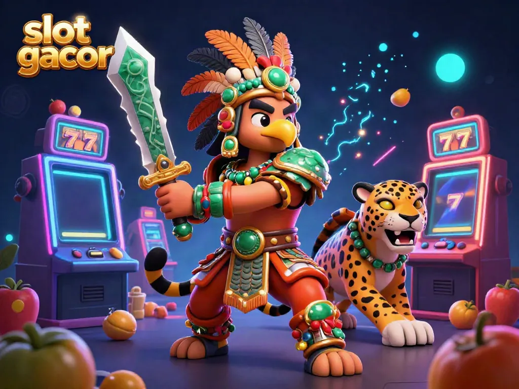 Bermain slot gacor dengan prajurit Aztec dan mesin slot berwarna cerah yang menyala, menunjukkan jackpot dan peluang kemenangan.
