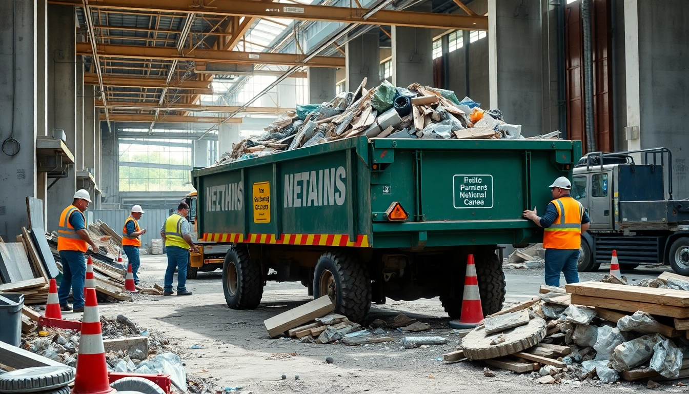 Efficient skip hire service managing waste in a bustling construction site.