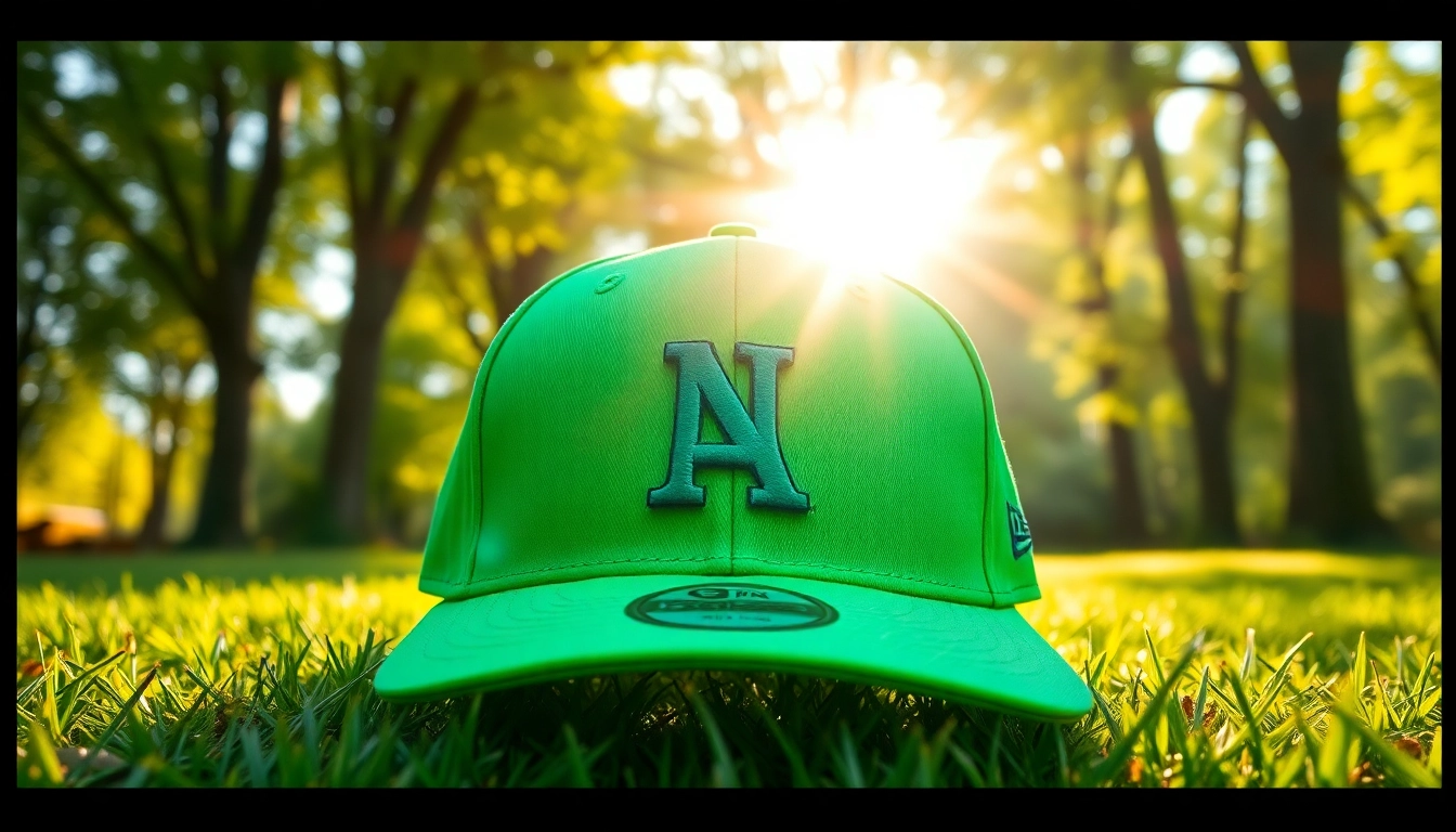Gorra New Era verde destacando en un entorno natural con vegetación vibrante.