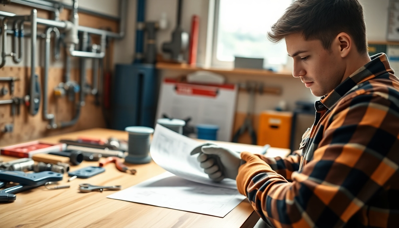Engaged in plumbing apprenticeship, a young adult studies while surrounded by tools.