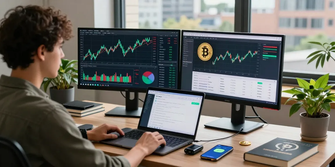 Green energy cloud mining workspace with cryptocurrency trading screens, DeFi platforms, and innovative tech.