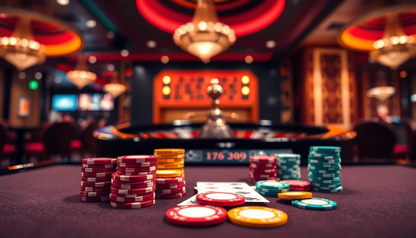 Engaging atmosphere at 8win malaysia casino with colorful chips and cards laid out on a gaming table.