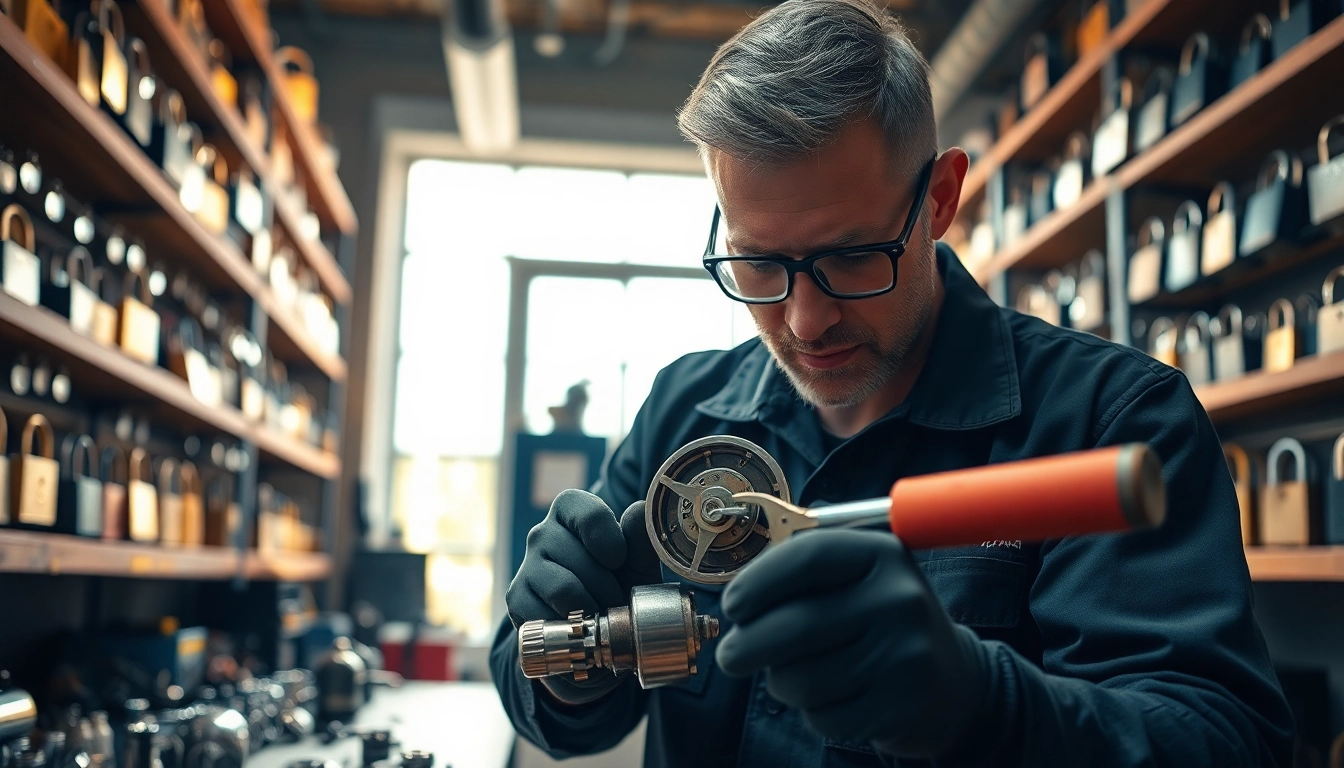 Best Creve Coeur Locksmith Pro repairing a complex lock mechanism in a modern workshop.