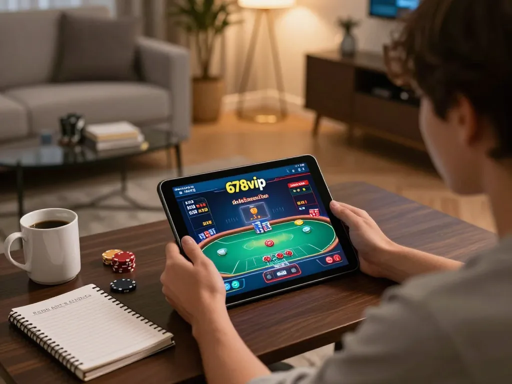 Player engaging in poker gameplay on 678vip com tablet at home, showcasing responsible entertainment experience