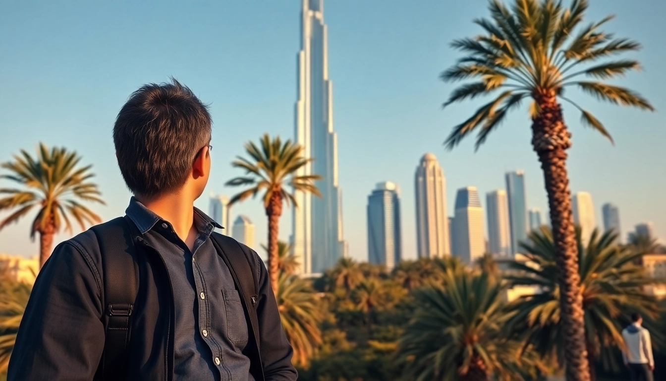 Engaging private dubai city tour with lively tour guide amidst iconic Dubai skyline.