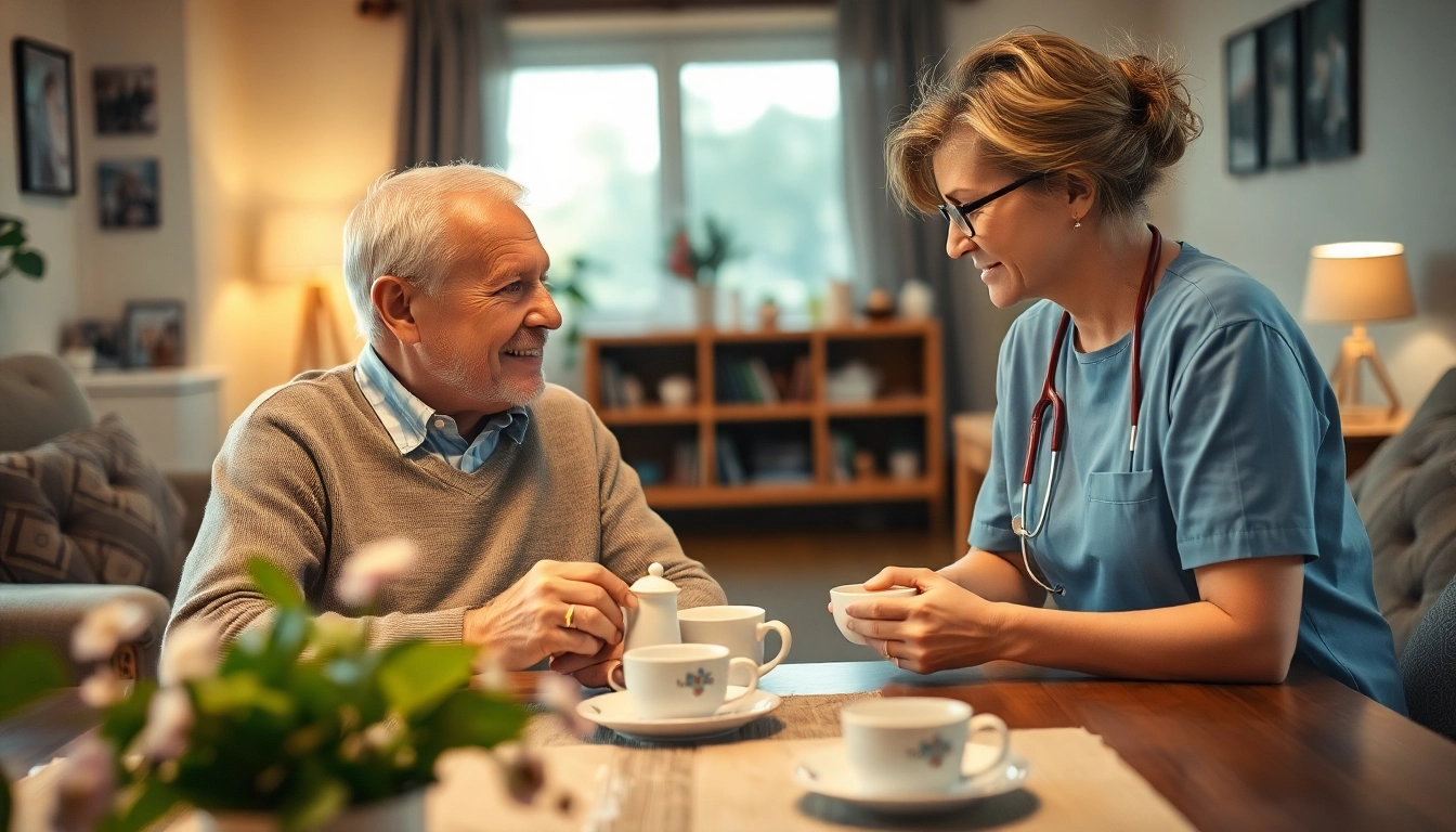 Providing care at home, a caregiver assists an elderly man with a warm tea, emphasizing compassion and trust.