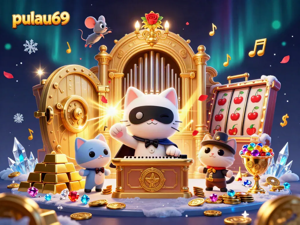 Experience exhilarating wins with pulau69's captivating casino scene featuring rich treasures and slot reels.