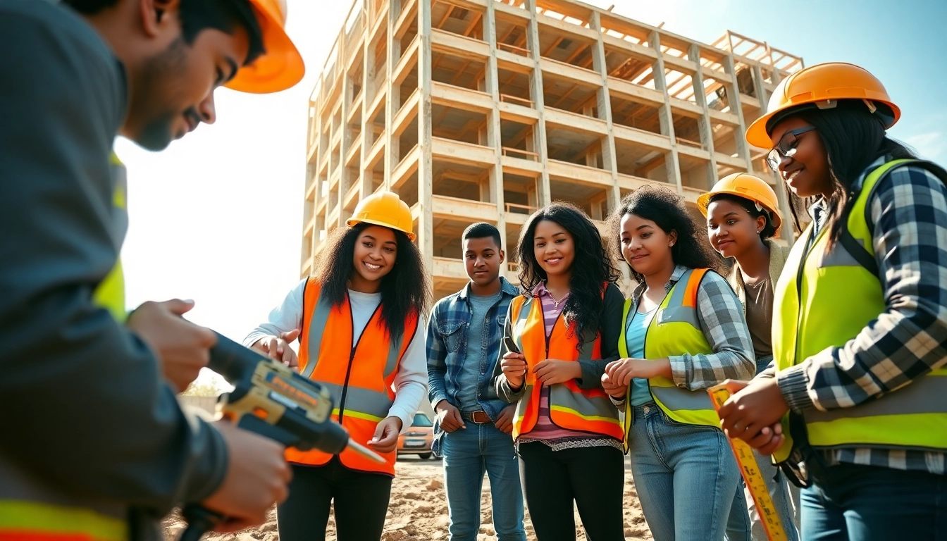 Students engaging in construction education, learning tools and techniques at a site.