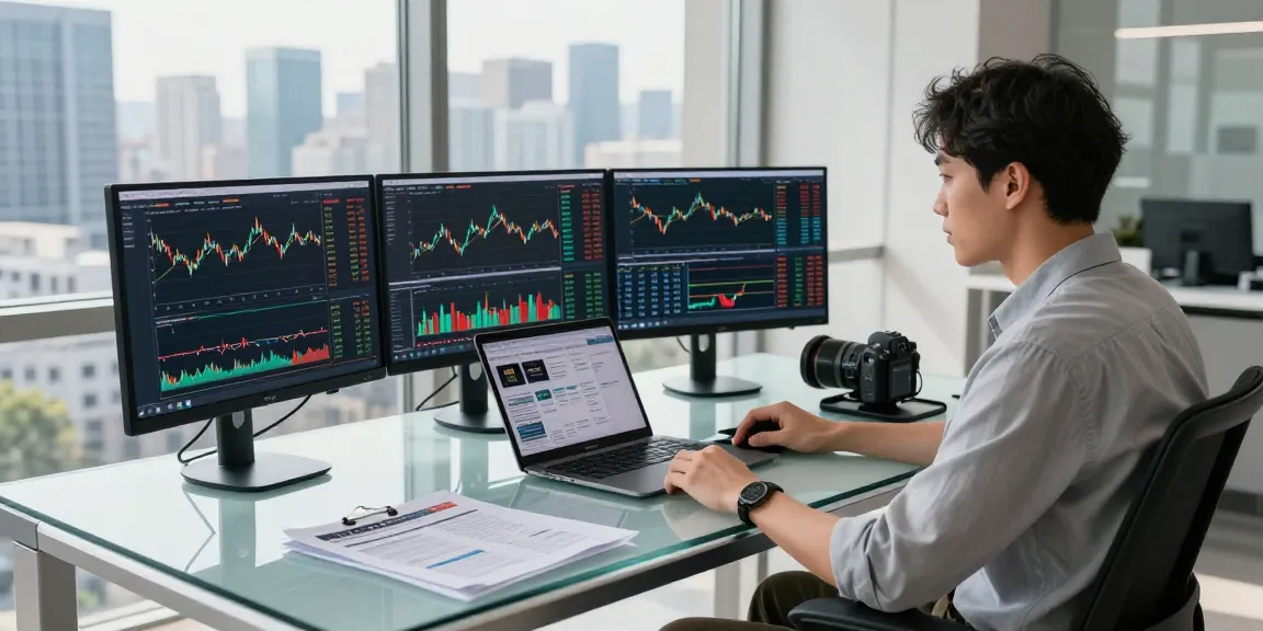 Analyst using financial market analysis tools in a modern office with city view.