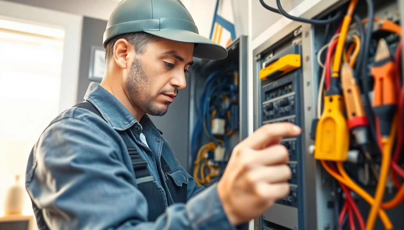 Electrician conducting electrical service maintenance with tools and circuit panel.