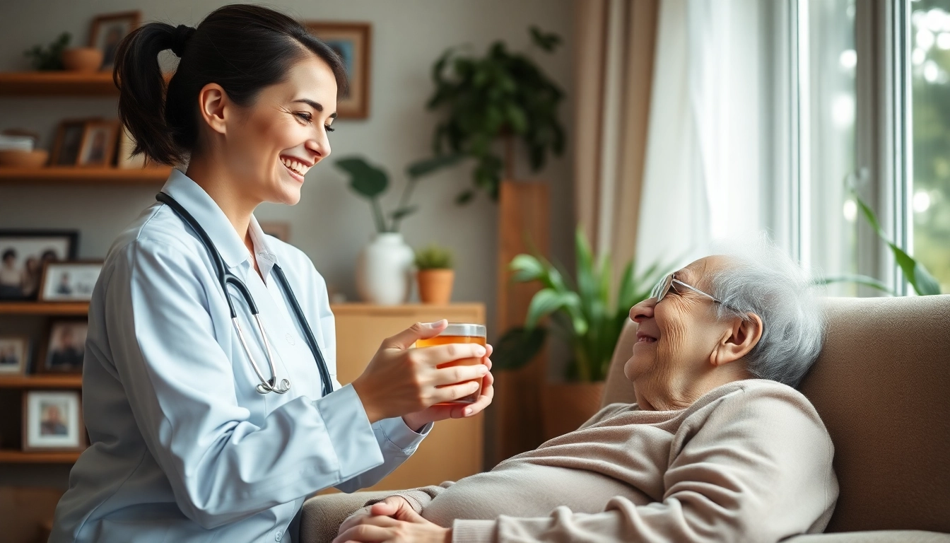 Caregiver providing compassionate in home senior care, enjoying a warm tea moment with an elderly client.