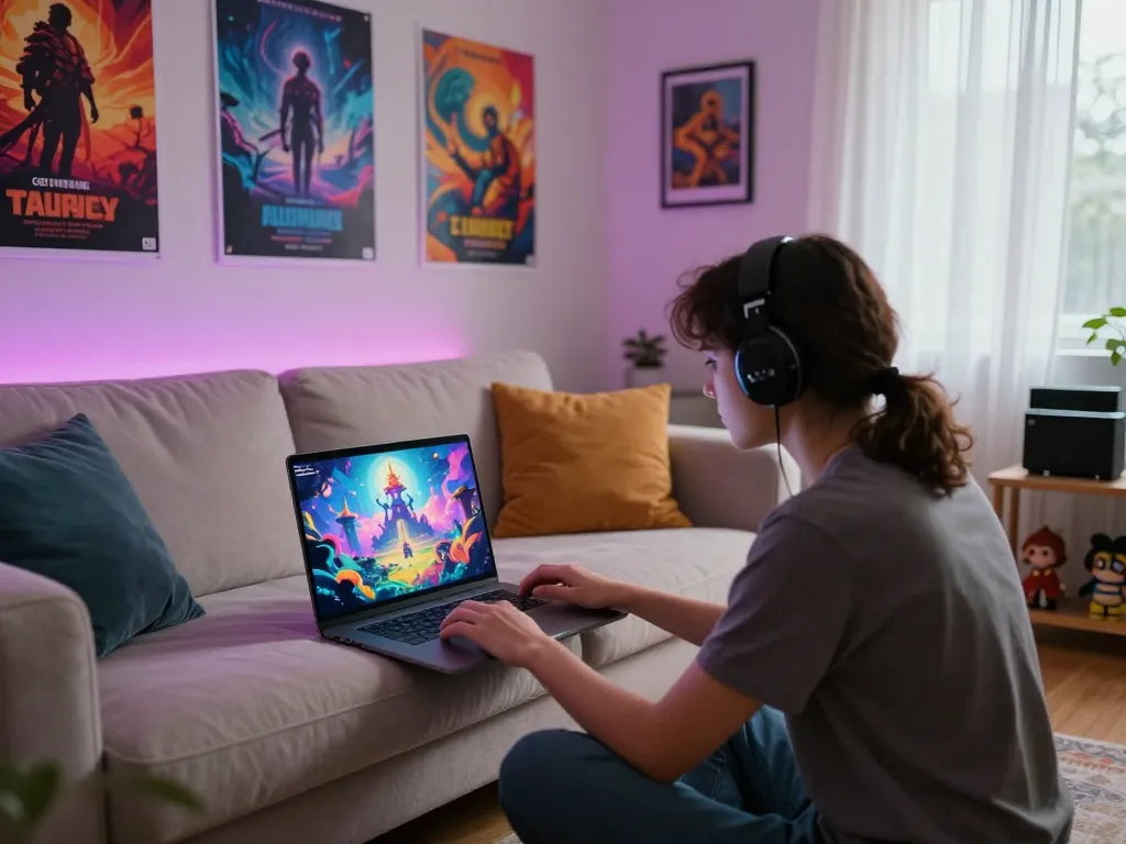 Person enjoying ai nsfw character interactions on a laptop in a cozy, modern setting.