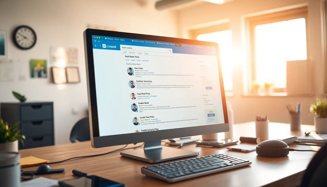 Scrape LinkedIn search results on a computer screen in a bright and modern workspace.