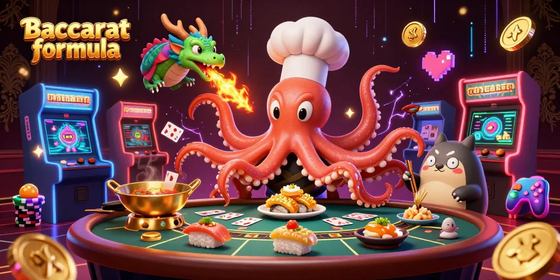 Baccarat formula in a vibrant casino scene featuring a sushi chef octopus and a dragon, showcasing exciting gaming elements.