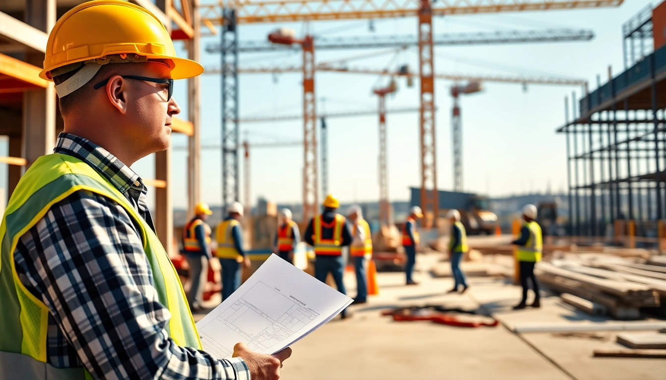 New Jersey Construction Manager overseeing a bustling construction site with workers collaborating.