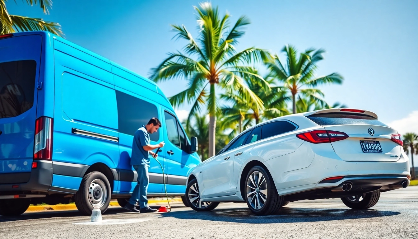 Experience professional mobile detailing Miramar with skilled technicians cleaning a car beside a bright van.